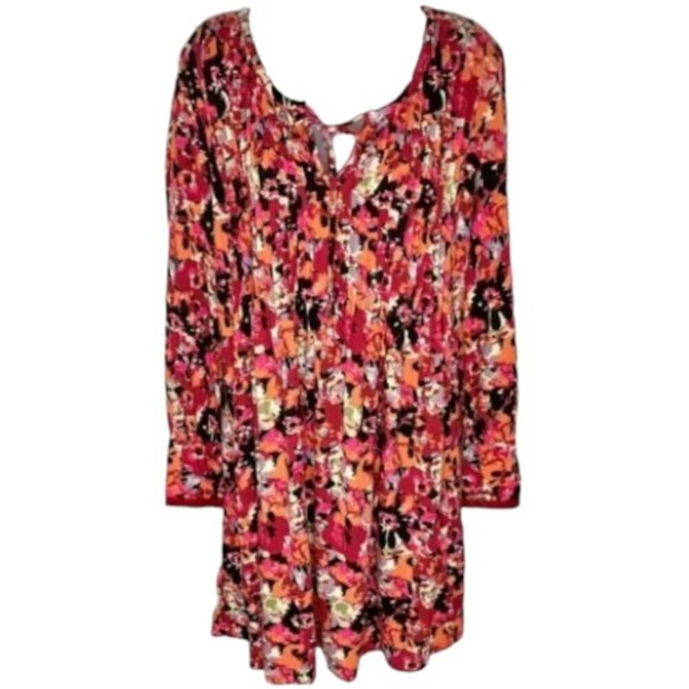 Sahalie Tie Neck Floral Pleated Long Sleeve Dress Pin Tucks - Multi - S